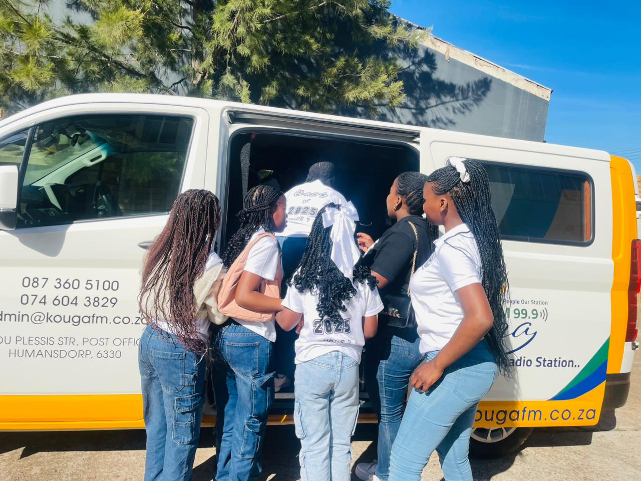 Class of 2025 learners at the Kouga FM mobile broadcast van