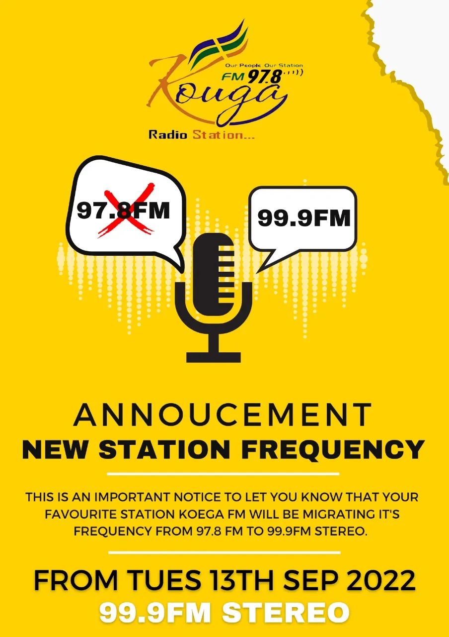 Kouga FM announcement poster: station frequency migrating from 97.8 FM to 99.9 FM stereo from Tuesday 13 September 2022