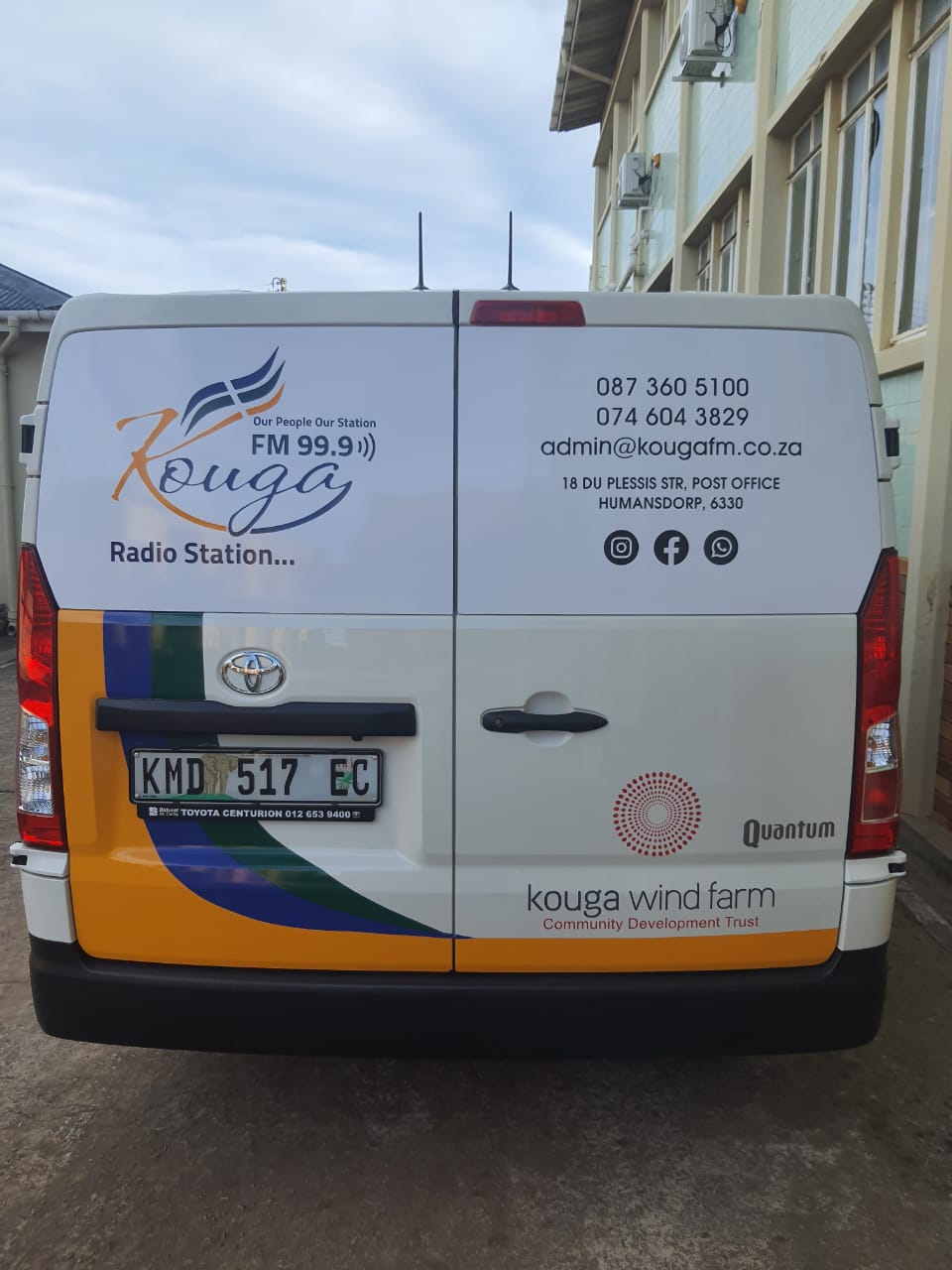 Rear of the Kouga FM Quantum van sponsored by Kouga Wind Farm